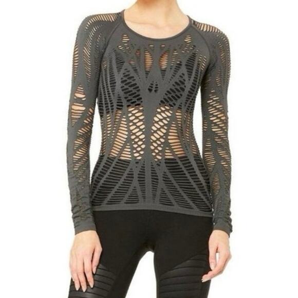 Alo Yoga Wanderer Laser Cut Shred Long Sleeve Top Charcoal Gray Size L - Picture 1 of 13